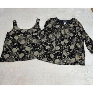 Alex Evenings Woman Plus Size 2X Floral Cardigan Tank Top Set Gold Black Sparkly